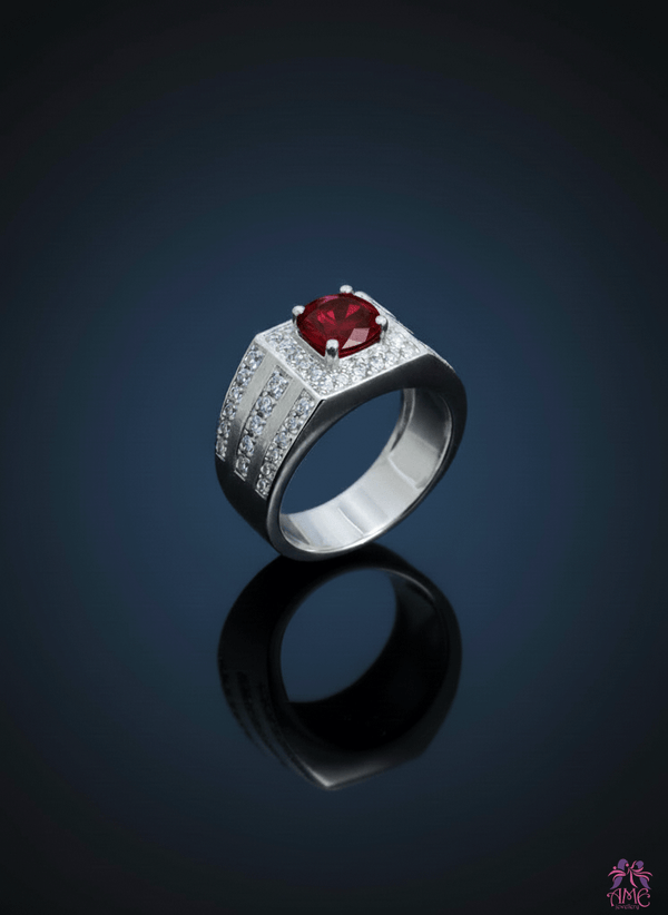 Natural Red Garnet Men's Ring in Sterling Silver