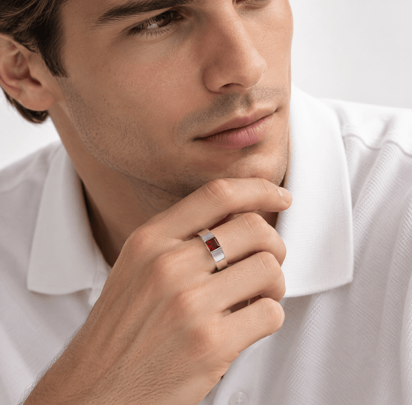 Nhẫn nam bạc cao cấp đá quý tự nhiên Garnet vuông - AME Jewellery