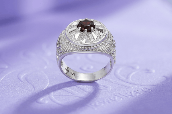 Natural Red Garnet US Army Men's Ring in Sterling Silver by AME Jewellery. Garnet is the birthstone for January and the gem for the 2nd anniversary. 