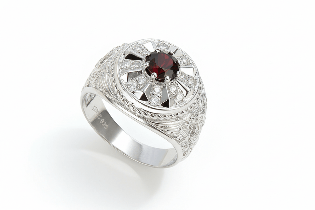 Nhẫn Mỹ Nam Đá quý thiên nhiên Red Garnet US Army Ring in Sterling Silver by AME Jewellery