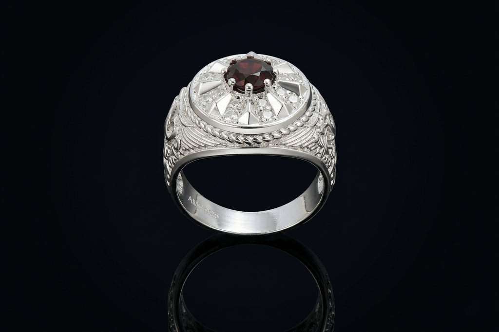 Natural Red Garnet US Army Men's Ring in Sterling Silver by AME Jewellery. Garnet is the birthstone for January and the gem for the 2nd anniversary. 