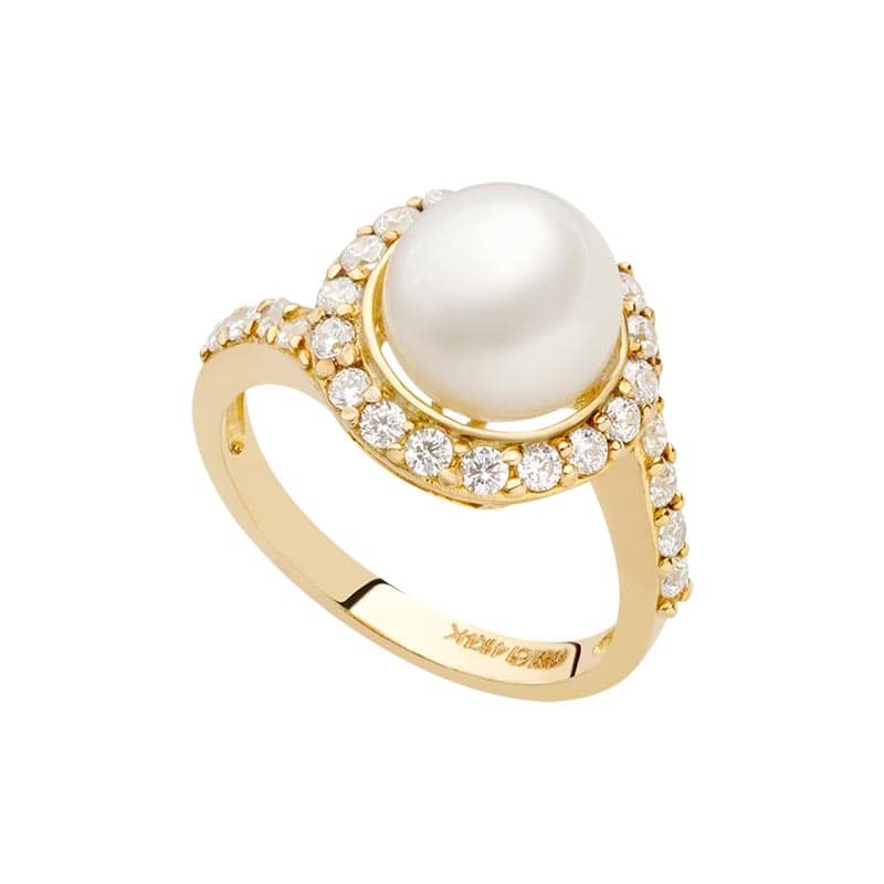 Nhẫn nữ Vàng Ngọc trai trắng White Freshwater Pearl Twist Ring in 14K Yellow Gold by AME Jewellery