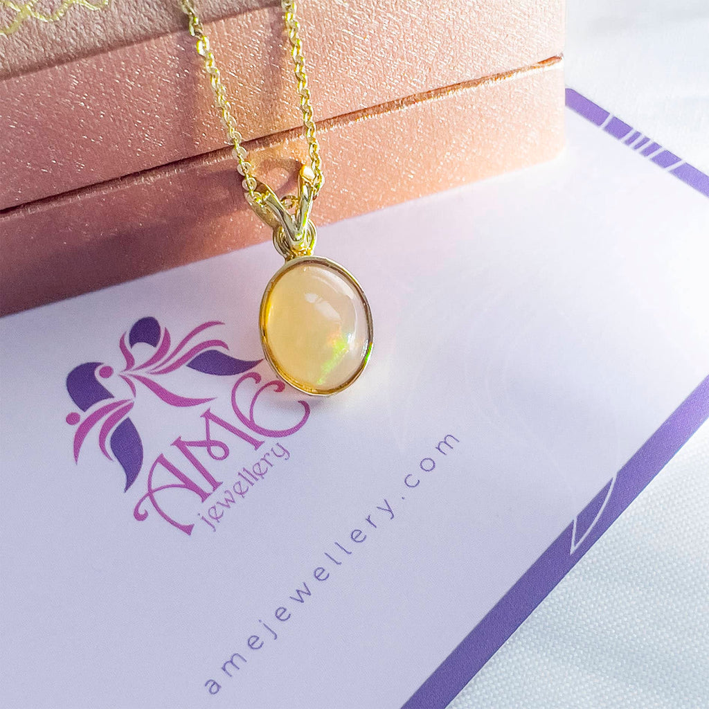 Natural Opal Bezel Pendant Necklace in 14K Yellow Gold | AME Jewellery
