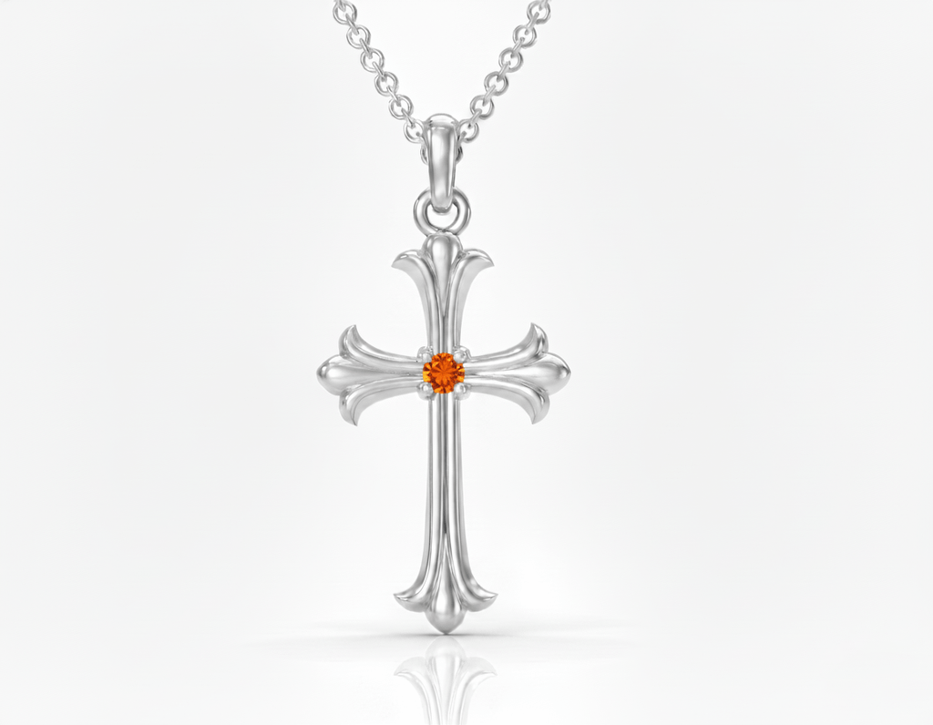 Mặt dây chuyền Thánh Giá Vàng trắng Đá quý tự nhiên Orange Sapphire Gothic Cross Pendant 14K White Gold by AME Jewellery
