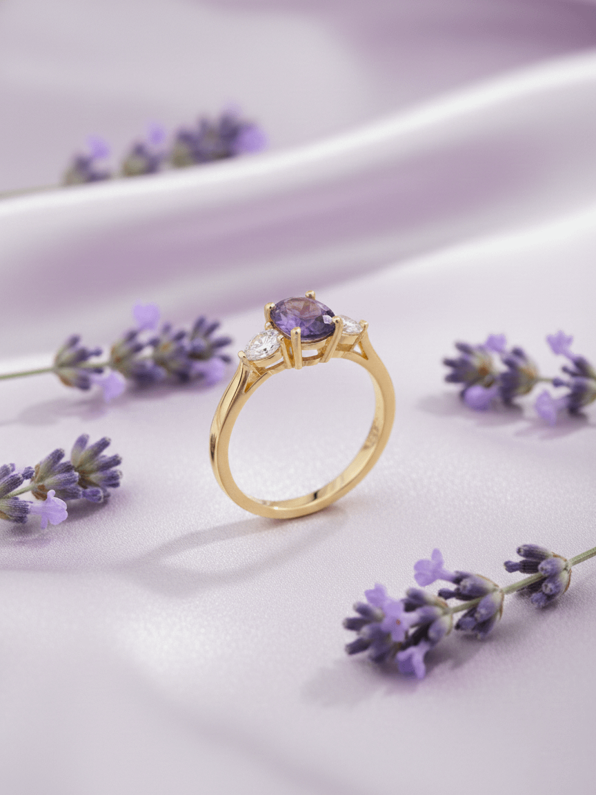 Nhẫn Vàng Đá quý tự nhiên Oval Amethyst Ring in 14K Yellow Gold by AME Jewellery