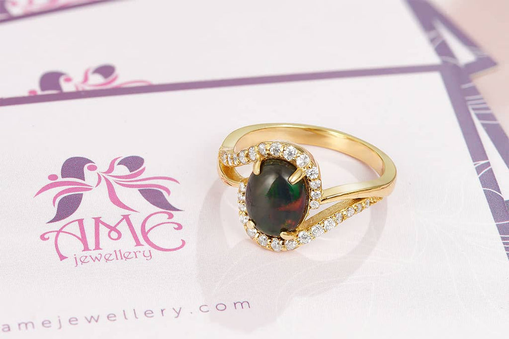 Natural oval cabochon Black Opal Ring 14K Yellow Gold by AME Jewellery