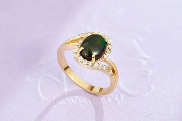 Natural oval cabochon Black Opal Ring 14K Yellow Gold by AME Jewellery