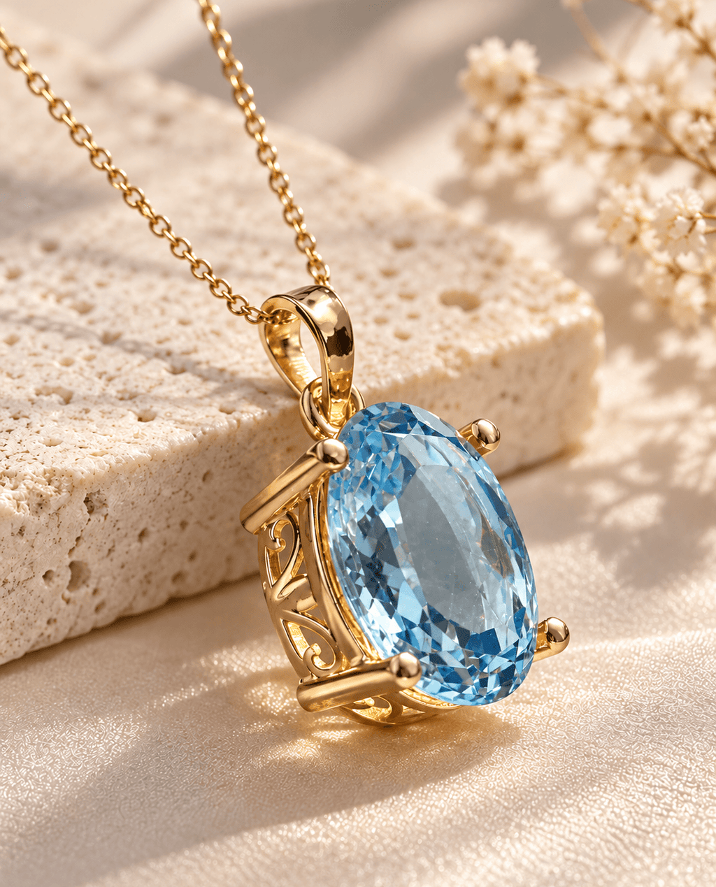 Natural Oval-cut Blue Topaz Pendant in 14K Yellow Gold - AME Jewellery