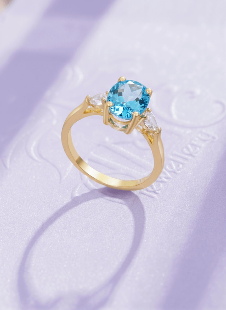 Nhẫn nữ Vàng Đá quý tự nhiên Oval Blue Topaz Ring in 14K Yellow Gold by AME Jewellery