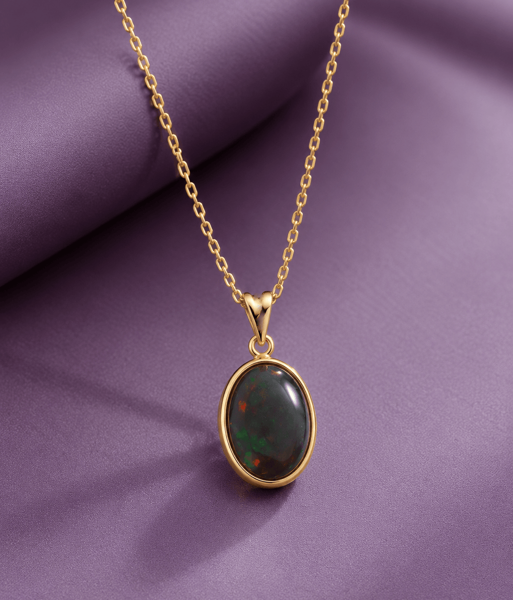 Natural Black Opal Bezel Pendant in 14K Yellow Gold - AME Jewellery
