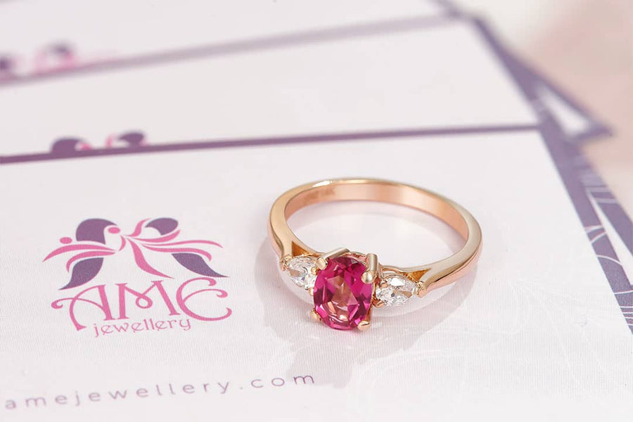 Rose Gold Ring Pink Topaz Stone Oval-cut Pink Topaz Ring In 14K