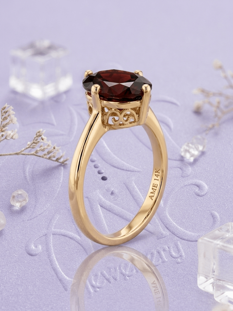 Nhẫn Vàng Đá quý tự nhiên Natural Oval Red Garnet Ring in 14K Yellow Gold by AME Jewellery