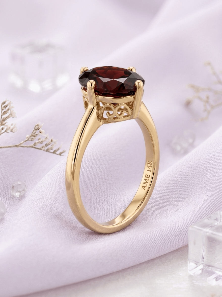 Nhẫn Vàng Đá quý tự nhiên Natural Oval Red Garnet Ring in 14K Yellow Gold by AME Jewellery