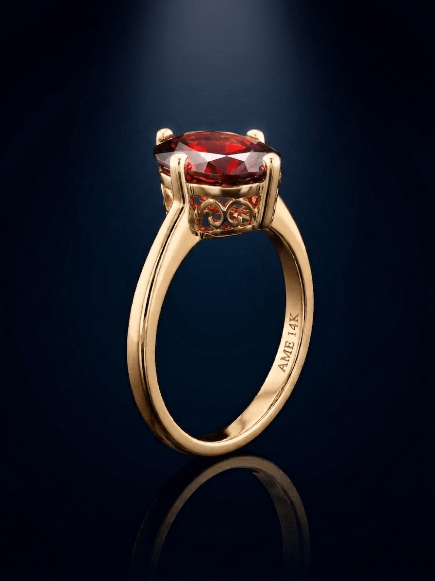 Nhẫn Vàng Đá quý tự nhiên Natural Oval Red Garnet Ring in 14K Yellow Gold by AME Jewellery