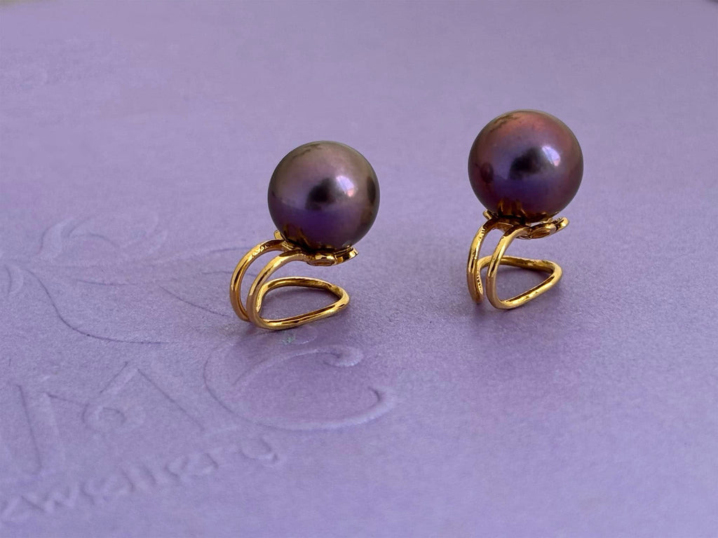 Bông tai Kẹp Ngọc trai Aubergine Freshwater Cultured Pearl Clip-onEarrings in 14K Yellow Gold by AME Jewellery