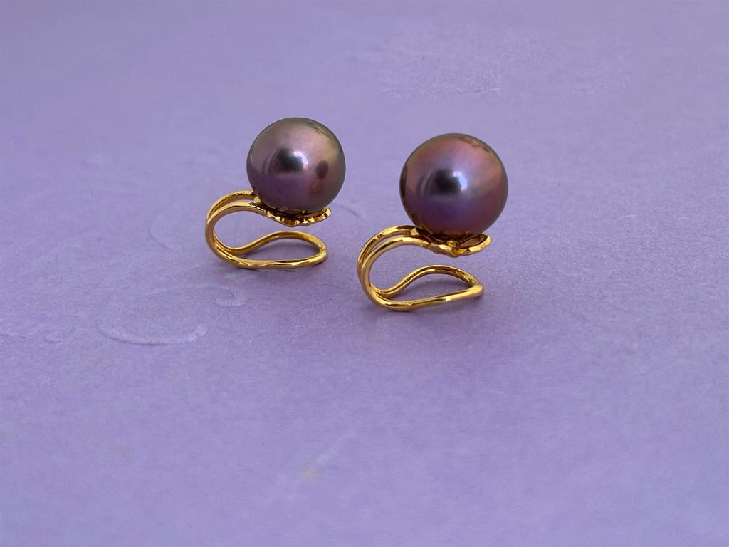 Bông tai Kẹp Ngọc trai Aubergine Freshwater Cultured Pearl Clip-onEarrings in 14K Yellow Gold by AME Jewellery