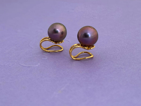 Bông tai Kẹp Ngọc trai Aubergine Freshwater Cultured Pearl Clip-onEarrings in 14K Yellow Gold by AME Jewellery