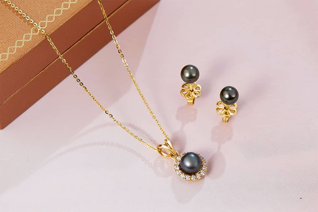 Trang sức Vàng 14K Ngọc trai Peacock Green Freshwater Pearl Jewelry Set in 14K Yellow Gold by AME Jewellery