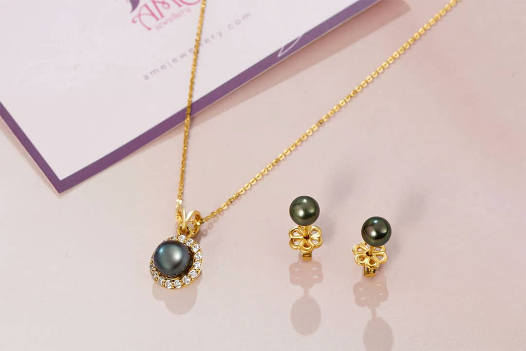 Green Peacock Freshwater Pearl Two-Piece Jewelry Set 14K Yellow Gold | AME Jewellery