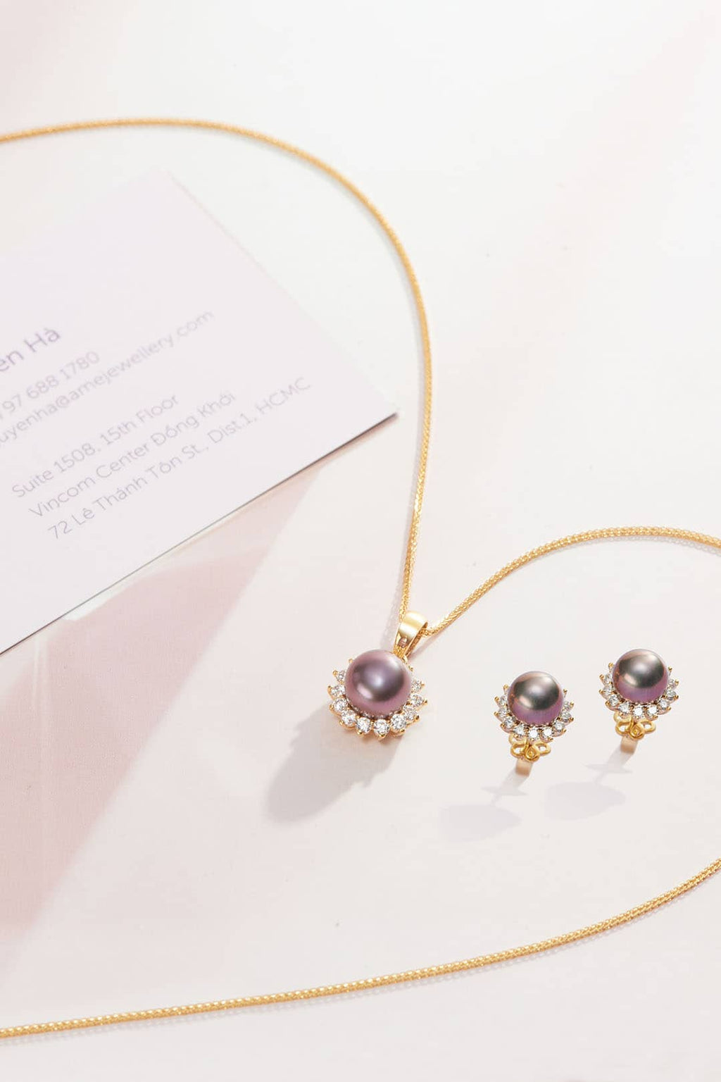 Trang sức Vàng 14K Ngọc trai Aubergine Freshwater Pearl Sunflower Jewelry Set 14K Yellow Gold by AME Jewellery