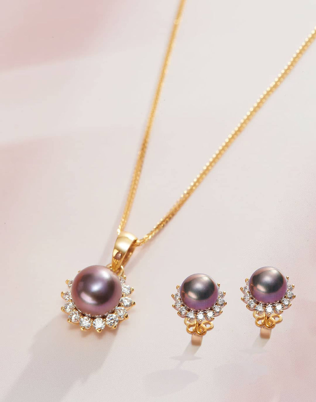 Trang sức Vàng 14K Ngọc trai Aubergine Freshwater Pearl Sunflower Jewelry Set 14K Yellow Gold by AME Jewellery