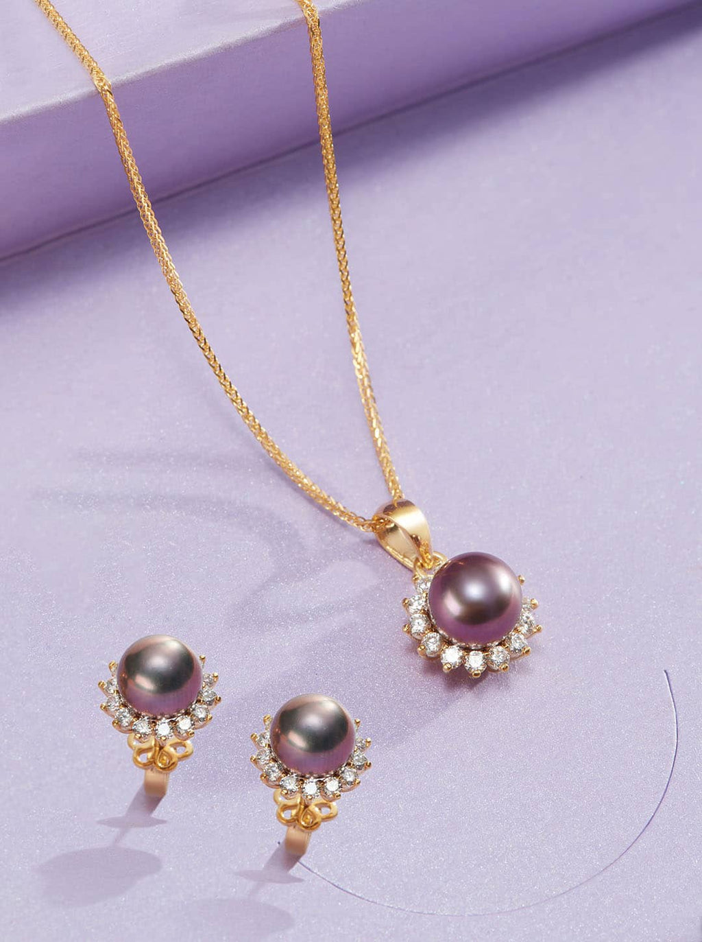 Trang sức Vàng 14K Ngọc trai Aubergine Freshwater Pearl Sunflower Jewelry Set 14K Yellow Gold by AME Jewellery