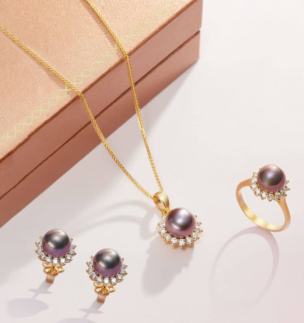 Bộ Trang sức Vàng 14K Ngọc trai Aubergine Freshwater Pearl Sunflower Jewelry Set 14K Yellow Gold by AME Jewellery