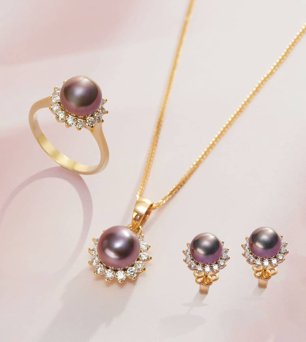 Bộ Trang sức Vàng 14K Ngọc trai Aubergine Freshwater Pearl Sunflower Jewelry Set 14K Yellow Gold by AME Jewellery