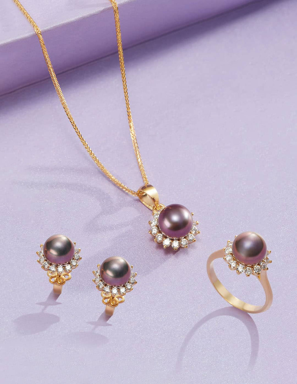 Bộ Trang sức Vàng 14K Ngọc trai Aubergine Freshwater Pearl Sunflower Jewelry Set 14K Yellow Gold by AME Jewellery