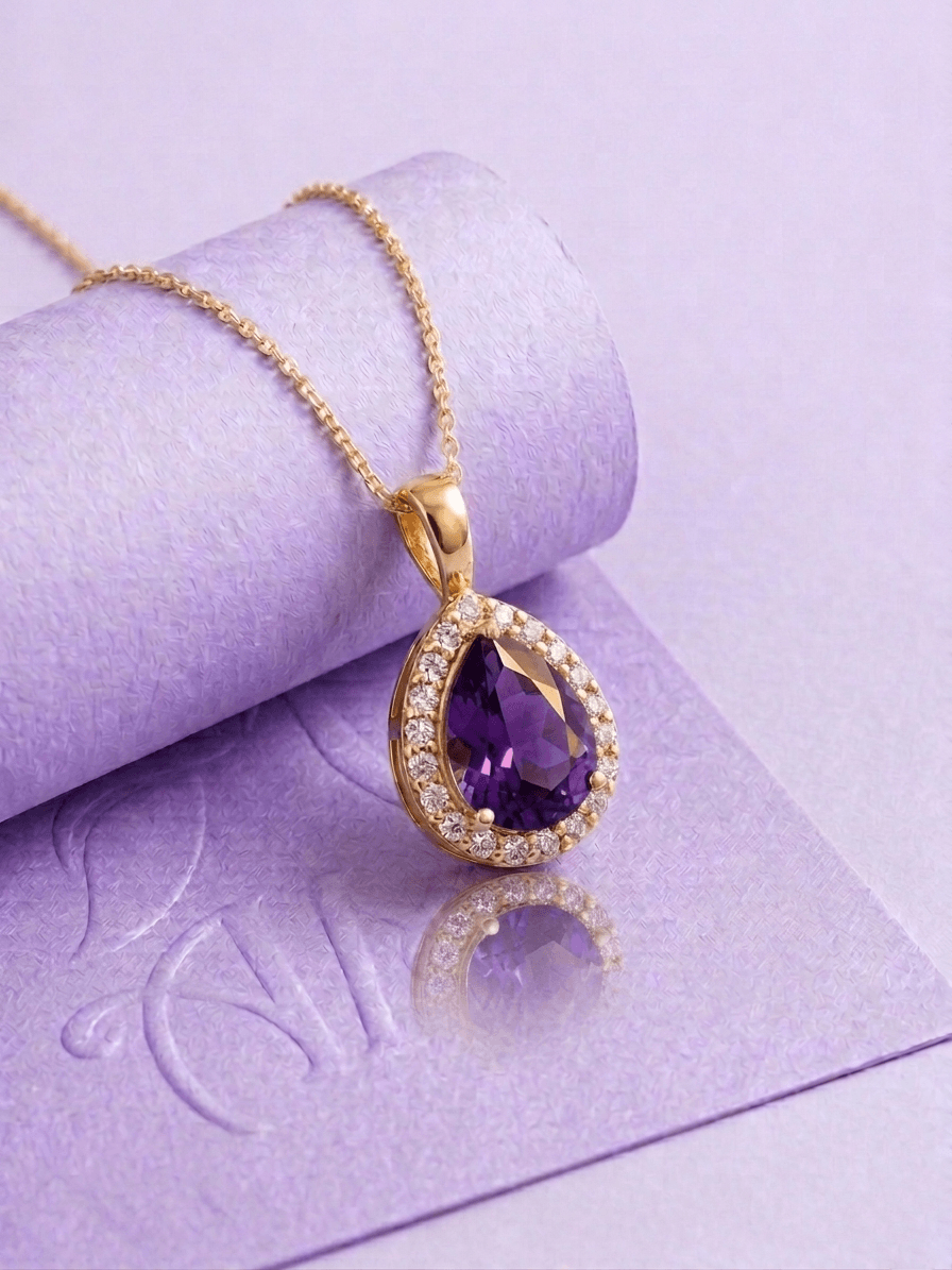 Natural Pear-cut Amethyst Halo Pendant Necklace in 14K Yellow Gold by AME Jewellery