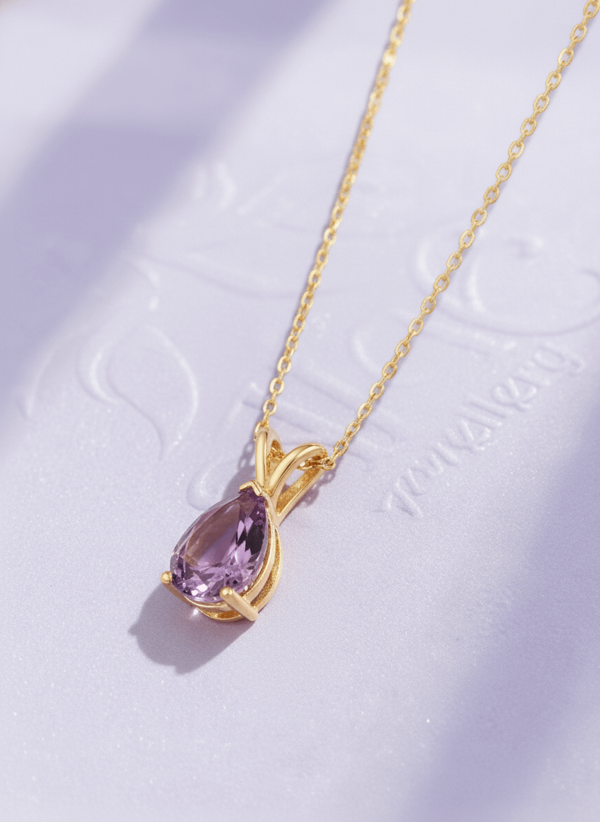 Mặt dây Vàng Đá quý thiên nhiên Pear-shaped Amethyst Pendant Necklace in 14K Yellow Gold by AME Jewellery