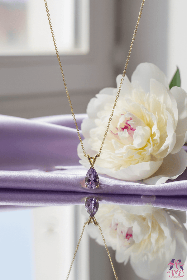 Mặt dây Vàng Đá quý thiên nhiên Pear-shaped Amethyst Pendant Necklace in 14K Yellow Gold by AME Jewellery