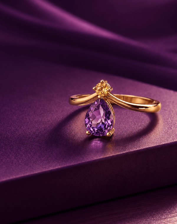 Natural Pear-cut Amethyst & Yellow Sapphire Ring in 14K Rose Gold by AME Jewellery. 