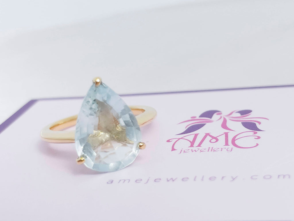 Nhẫn nữ Vàng Đá quý tự nhiên Pear Aquamarine Ring in 14K Yellow Gold by AME Jewellery