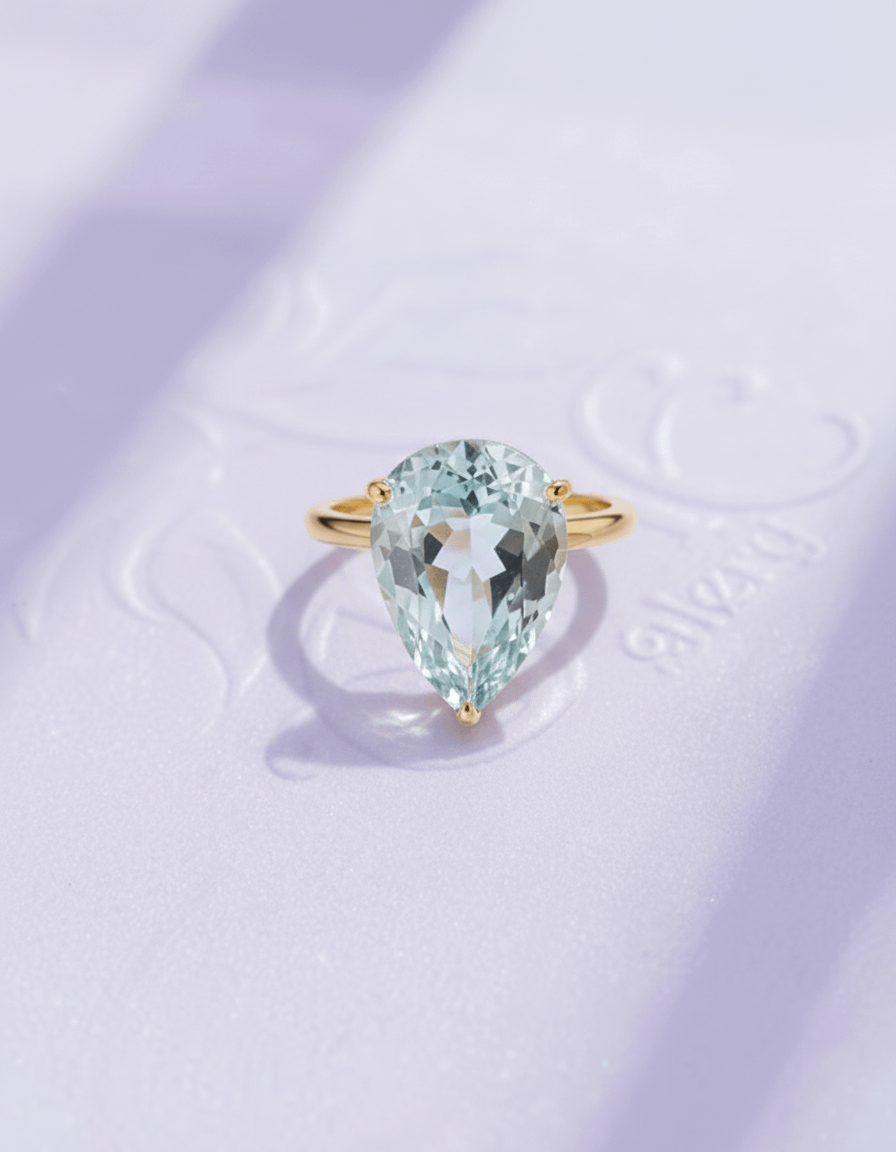 Nhẫn nữ Vàng Đá quý tự nhiên Pear Aquamarine Ring in 14K Yellow Gold by AME Jewellery