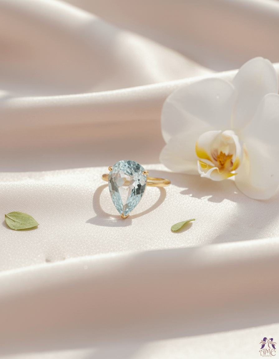 Nhẫn nữ Vàng Đá quý tự nhiên Pear Aquamarine Ring in 14K Yellow Gold by AME Jewellery
