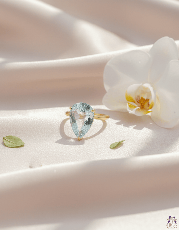 Nhẫn nữ Vàng Đá quý tự nhiên Pear Aquamarine Ring in 14K Yellow Gold by AME Jewellery