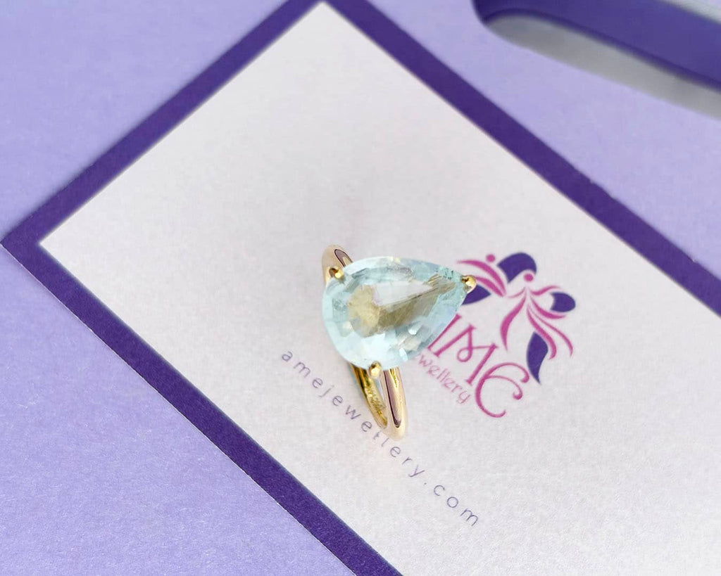 Nhẫn nữ Vàng Đá quý tự nhiên Pear Aquamarine Ring in 14K Yellow Gold by AME Jewellery