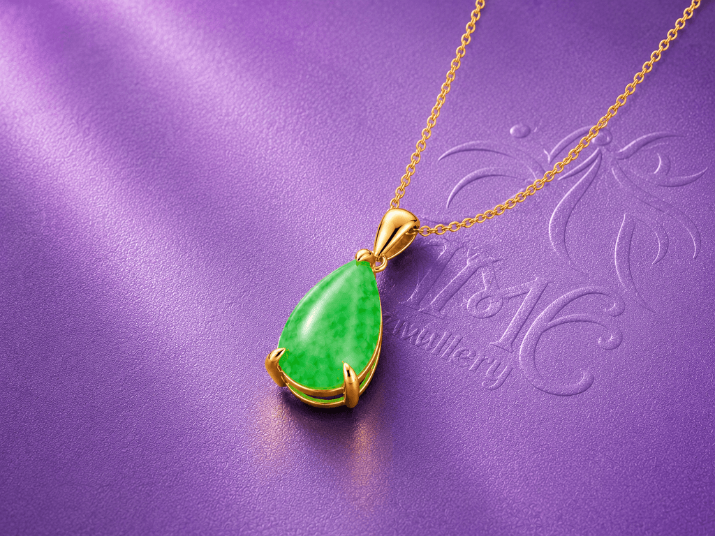 Natural Pear Burmese Jadeite Pendant in 14K Yellow Gold - AME Jewellery