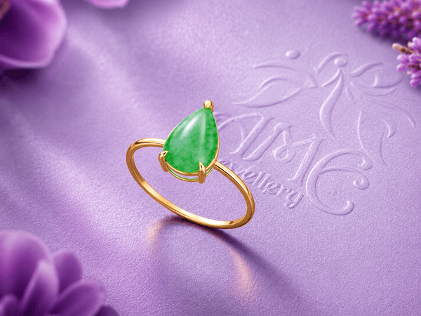 Natural Pear-shaped Burmese Jadeite Ring in 14K Yellow Gold - AME Jewellery