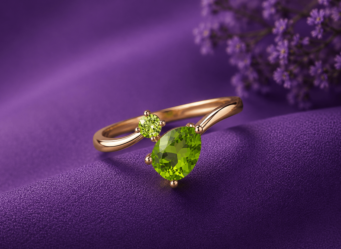 14K Rose Gold Bypass Ring with Natural Pear-cut Peridot & Yellow Sapphire - AME Jewellery