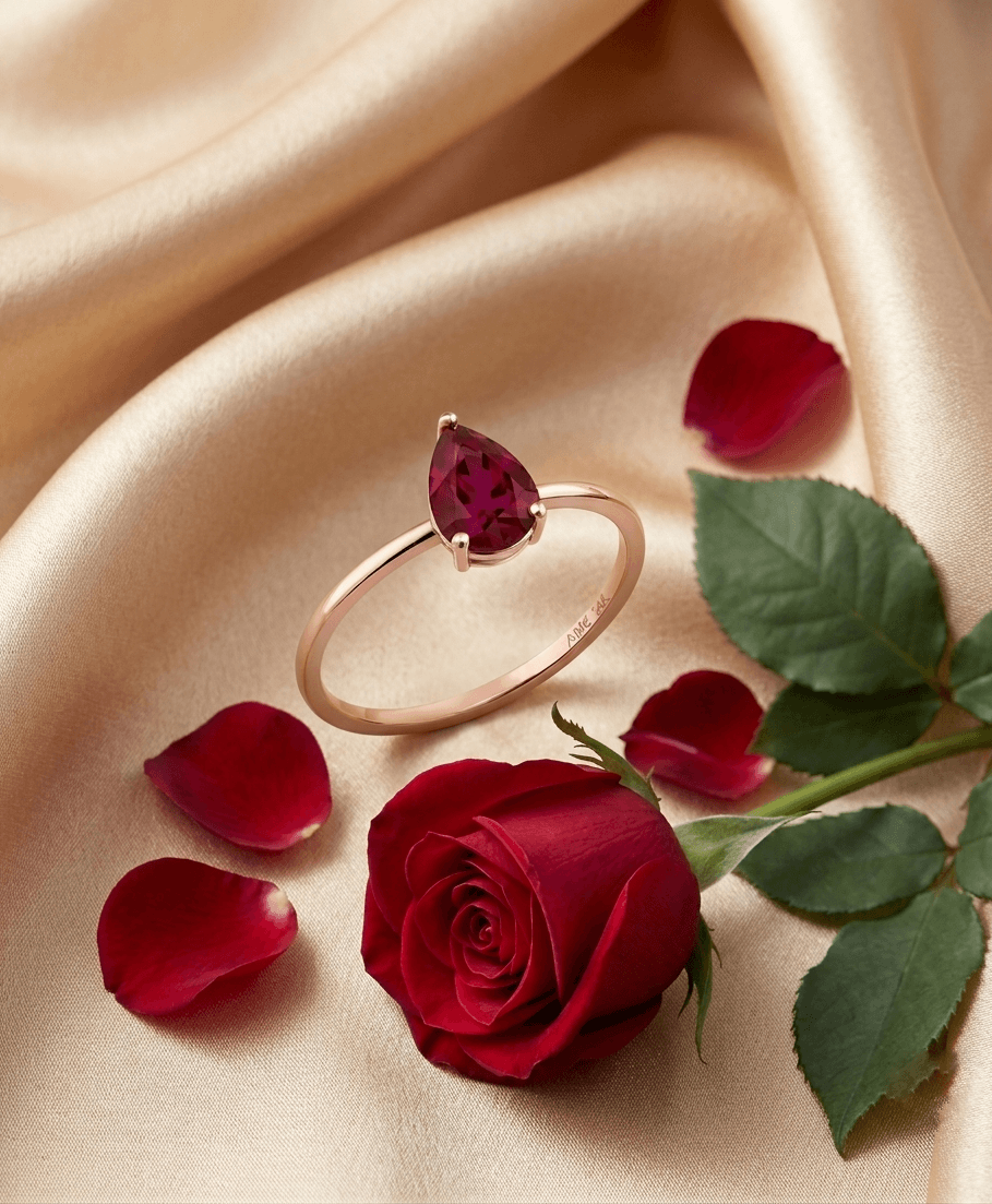 Natural Pear-cut Ruby Ring in 14K Yellow Gold - AME Jewellery