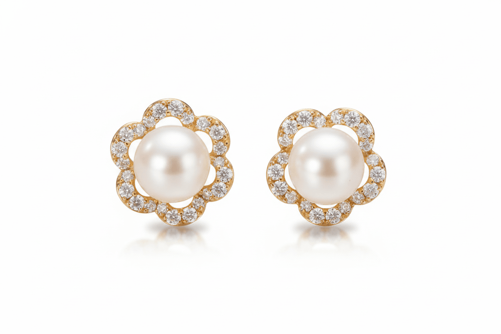 Bông tai Hoa Vàng 14K Ngọc trai White Freshwater Pearl Gold Earrings | AME Jewellery