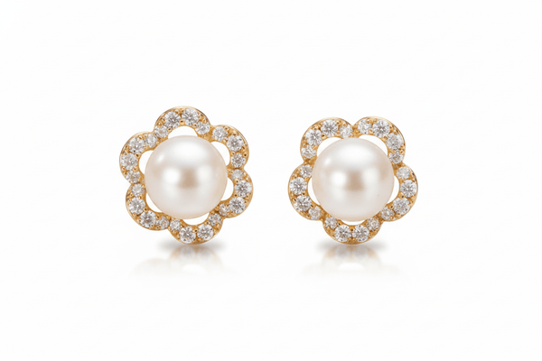 Bông tai Hoa Vàng 14K Ngọc trai White Freshwater Pearl Gold Earrings | AME Jewellery