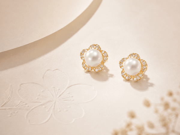 White Freshwater Pearl Apricot Blossom Flower Earrings in 14-karat Yellow Gold by AME Jewellery.