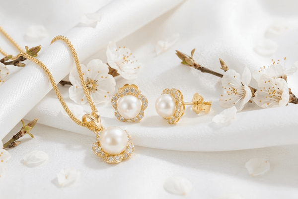 Bộ Trang sức Hoa Mai Vàng 14K Ngọc trai Pearl Apricot Blossom Flower Jewelry in Yellow Gold by AME Jewellery