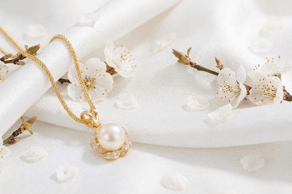 Mặt dây Hoa Mai Vàng Ngọc trai Pearl Apricot Blossom Flower Pendant in 14K Yellow Gold by AME Jewellery