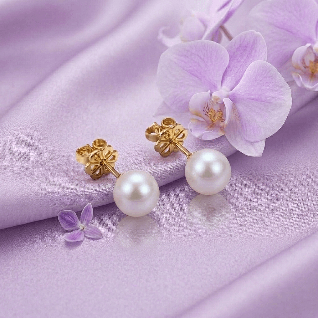White Freshwater Cultured Pearl Earrings in 14K Yellow Gold by AME Jewellery.