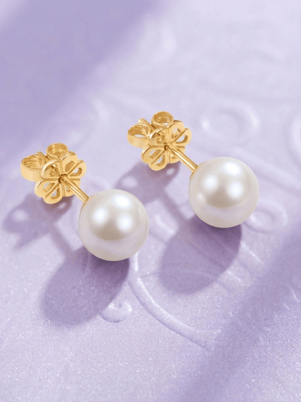 White Freshwater Cultured Pearl Earrings in 14K Yellow Gold by AME Jewellery.