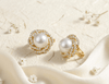 Bông tai Vàng Ngọc Trai trắng White Freshwater Cultured Pearl Halo Nest Earrings 14K Yellow Gold by AME Jewellery
